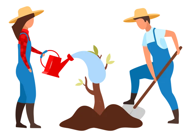 Farmer Couple Planting Small Tree Sapling Flat Vector Illustration Plant Cultivation Orchard Garden Works Farmland Worker Landowner Watering Seedling Isolated Cartoon Character On White Background Illustration