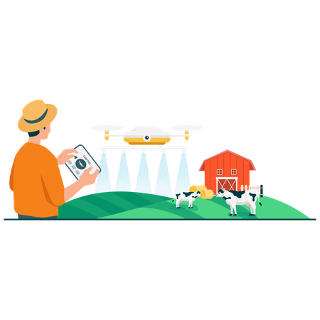 Farmer doing drone Livestock Supervision  Illustration