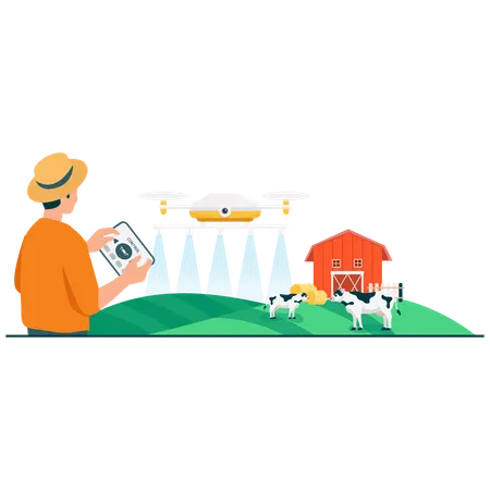 Farmer doing drone Livestock Supervision  Illustration