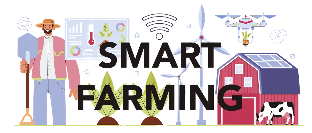 Smart Farming Typographic Header Farm Worker Growing Plants And Feeding Animals With Climate Smart Technologies Agriculture And Animal Husbandry Business Flat Vector Illustration Illustration