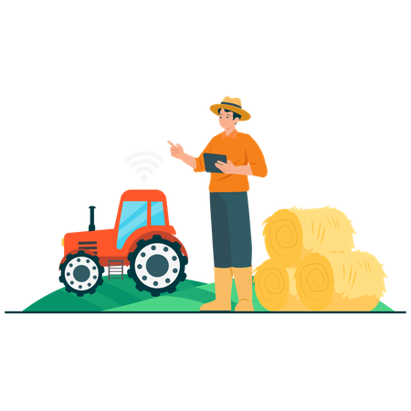 Farmer doing Smart Tractor Control  Illustration