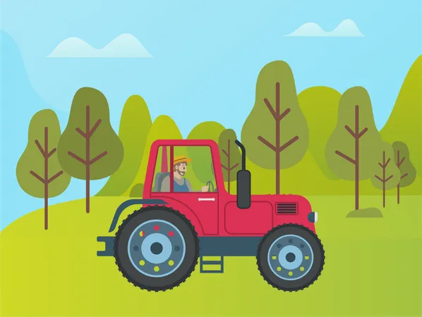Red Tractor On Green Meadow Among Trees And Bushes Vector Rural Transport Agriculture Transportation Item On Lawn With Green Plants At Forest Illustration