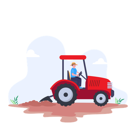 Farmer Driving Tractor In Field  Illustration