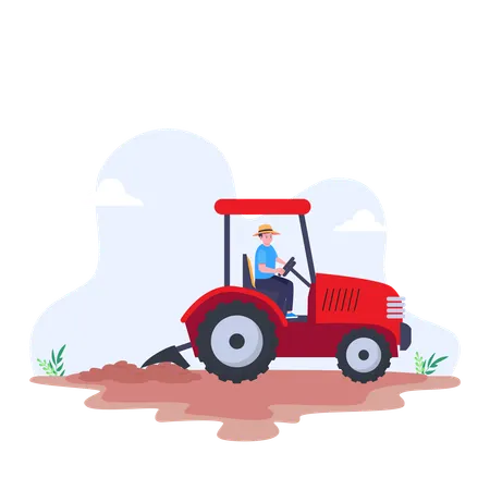 Farmer Driving Tractor In Field  Illustration