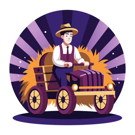 Farmer driving tractor with Hay  Illustration