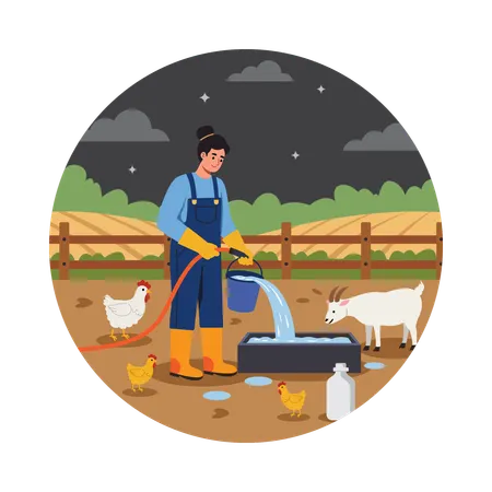 Farmer Feeding Chickens and Goats  Illustration