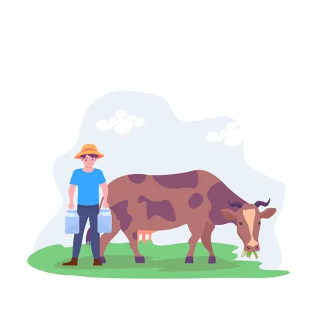 Farmer feeding cow  Illustration