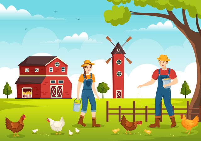Farmer feeding food at farm Illustration