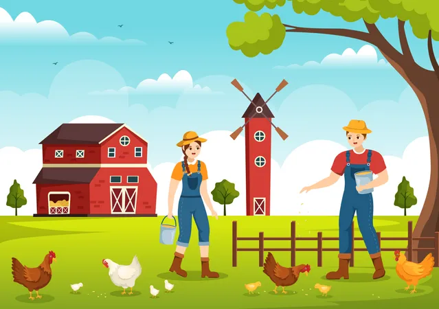 Farmer feeding food at farm  Illustration