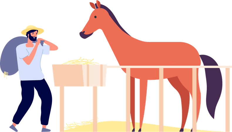 Farmer feeding food to horse  Illustration