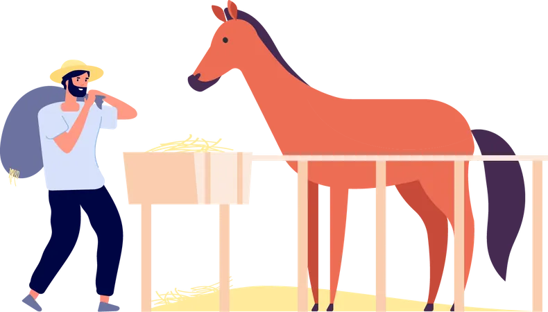 Farmer feeding food to horse Illustration