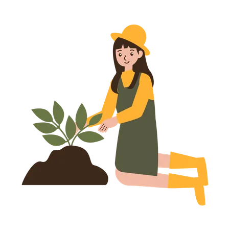 Farmer girl is taking care of plants  Illustration