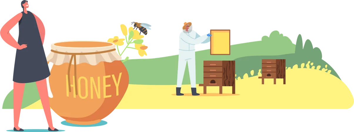 Farmer harvesting fresh honey for health benefits Illustration
