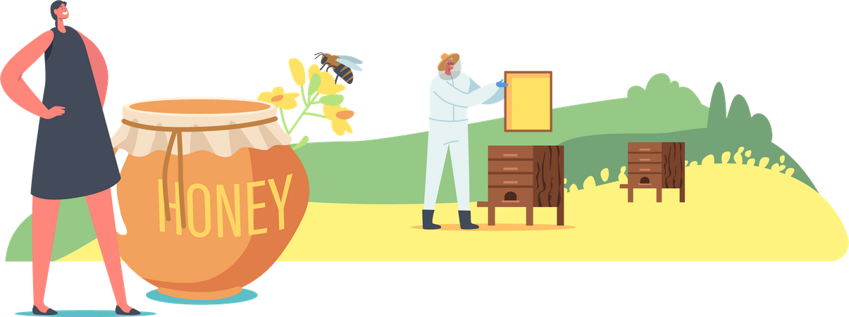 Farmer harvesting fresh honey for health benefits  Illustration