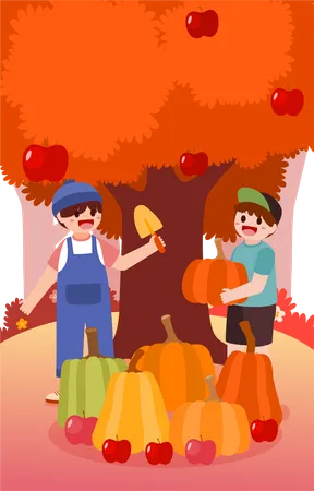 Farmer harvesting pumpkins and apples Illustration