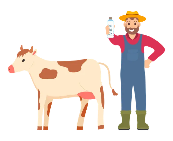 Bottled Milk Vector Milkman Showing Organic Product In Hands Cow And Farmer Isolated Character Flat Style Agriculture And Husbandry Farming Male Illustration
