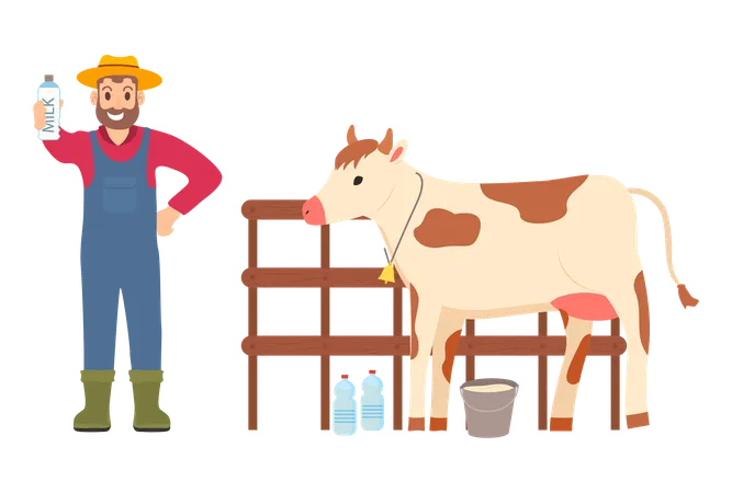 Man Standing By Cow Vector Farmer Showing Ready Production Milkman With Milk In Bottle And Cattle Standing At Stables Livestock Tending And Care Illustration