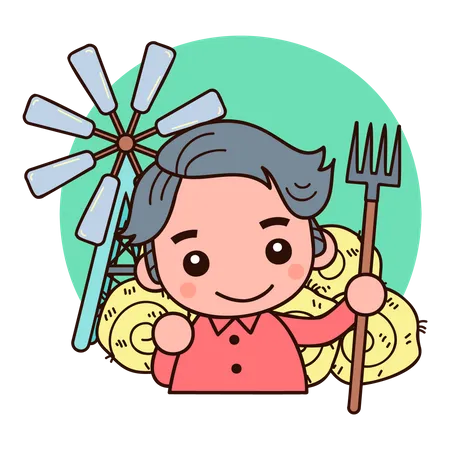 Farmer holding fork standing near hay  Illustration