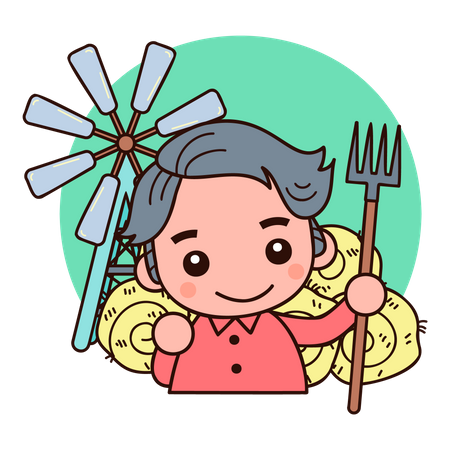 Farmer holding fork standing near hay  Illustration