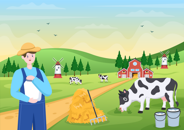 Farmer holding milk bottle Illustration
