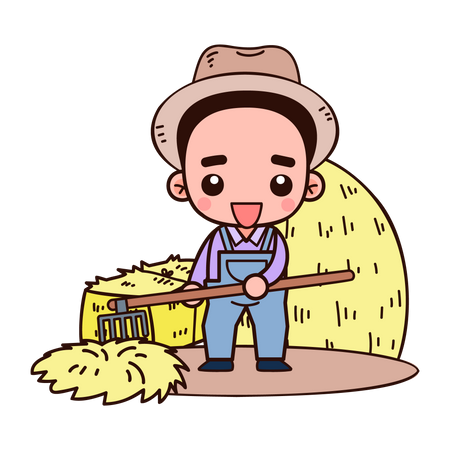 Farmer Holding Pitchfork and Sticking it into Haystack  Illustration