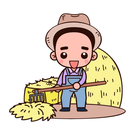 Farmer Holding Pitchfork and Sticking it into Haystack  Illustration