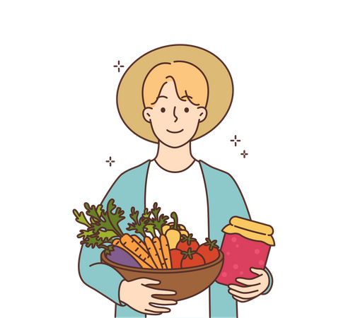 Farmer holding vegetable basket and jam jar Illustration