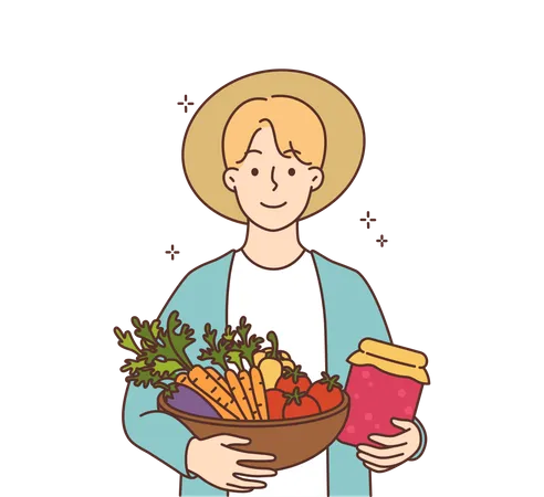 Farmer holding vegetable basket and jam jar  Illustration