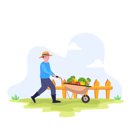 Farmer Holding Wheelbarrow With Vegetable  Illustration