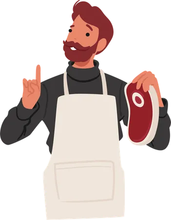 Farmer Or Butcher In Apron Proudly Displays A Piece Of Fresh High Quality Meat Showcasing Its Vibrant Color And Texture Testament To A Direct Farm To Table Approach Cartoon Vector Illustration イラスト