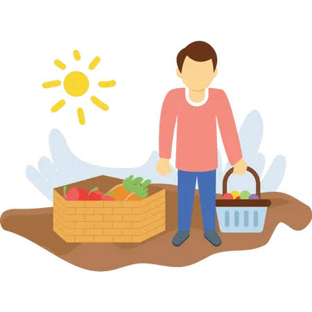 Farmer is standing with fruit basket Illustration