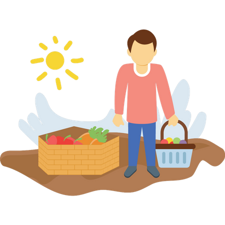 Farmer is standing with fruit basket  Illustration