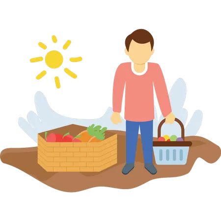 Farmer is standing with fruit basket  Illustration