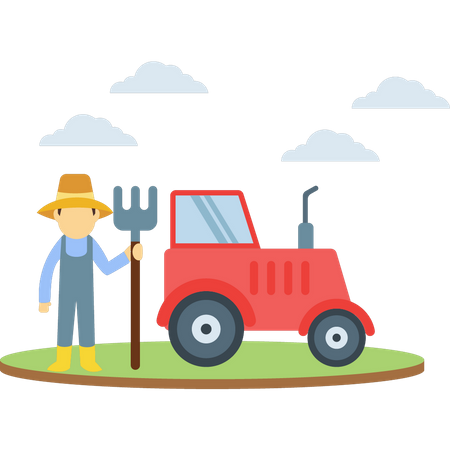 Farmer is standing with pitchfork and tractor  Illustration