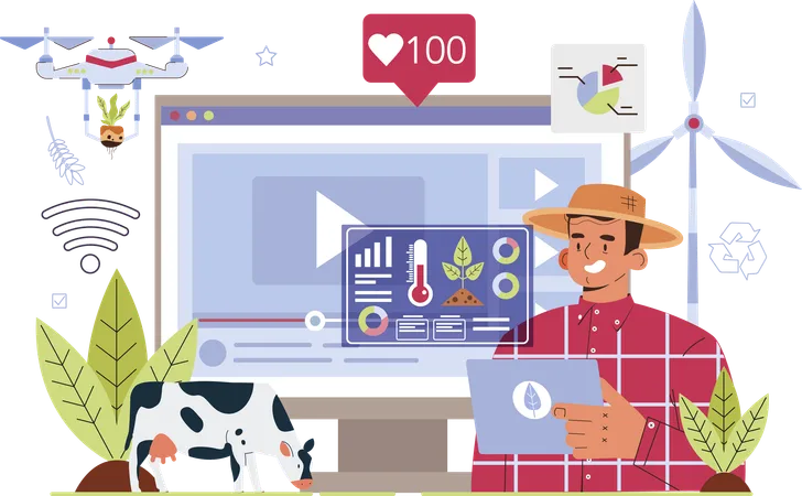 Farmer learning from online farming class  イラスト