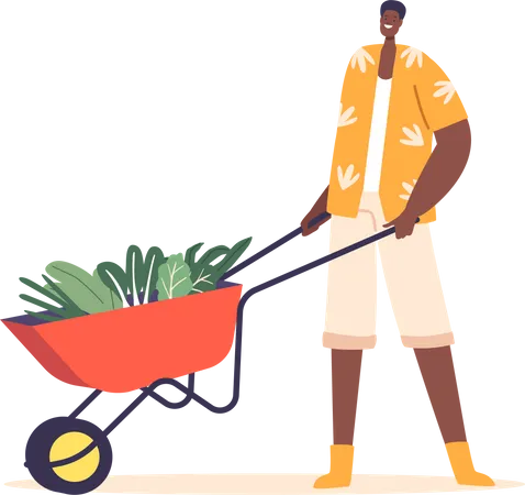 Farmer Male Character Pushes A Trolley Filled With Fresh Green Vegetables Showcasing The Bounty Of Harvest The Abundance Reflect The Success Of Their Labor Cartoon People Vector Illustration Illustration