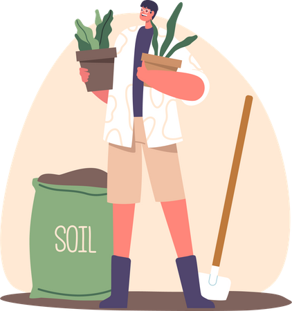 Farmer Male Character Tending To Lush Green Plants In Pots  Illustration