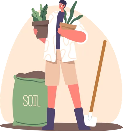 Farmer Male Character Tending To Lush Green Plants In Pots Nurturing And Caring For Them Creating A Vibrant And Thriving Garden Of Various Greens Cartoon People Vector Illustration Illustration