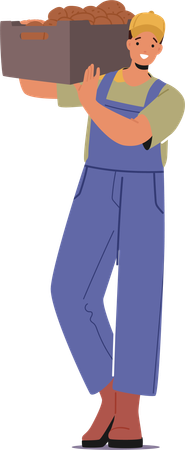 Farmer Male Holding Wooden Crate Filled With Freshly Harvested  Illustration