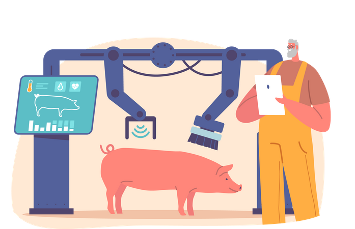 Farmer Manage Pigs Washing Process At Smart Farm Using Robot Machine with Water Jets And Brushes  イラスト