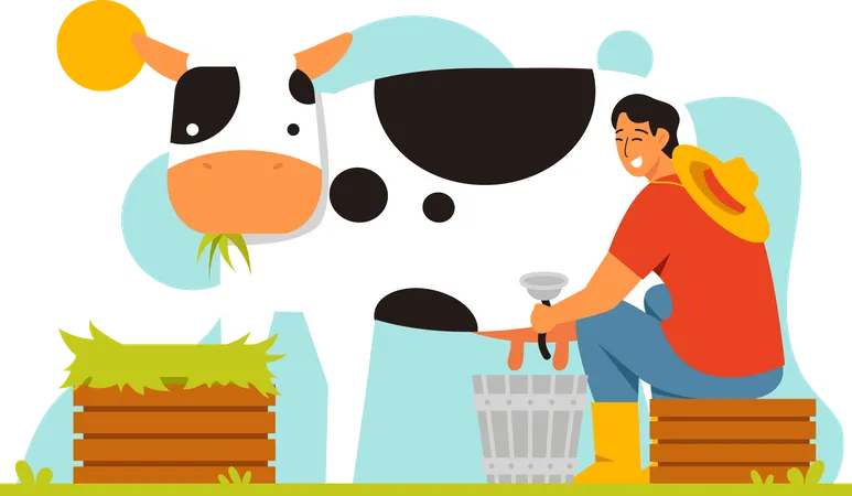 Farmer Milking a Cow  Illustration