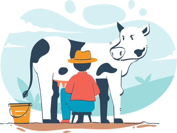 Farmer Milking Cow  Illustration