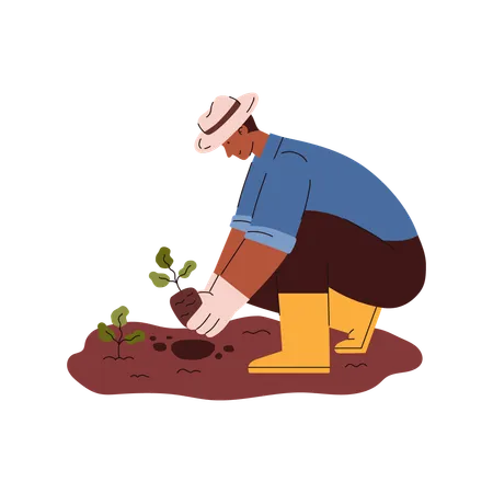 Farmer planting plant in soil  Illustration