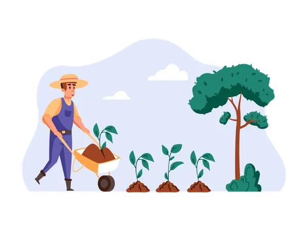 Farmer planting Seed with wheelbarrow  Illustration