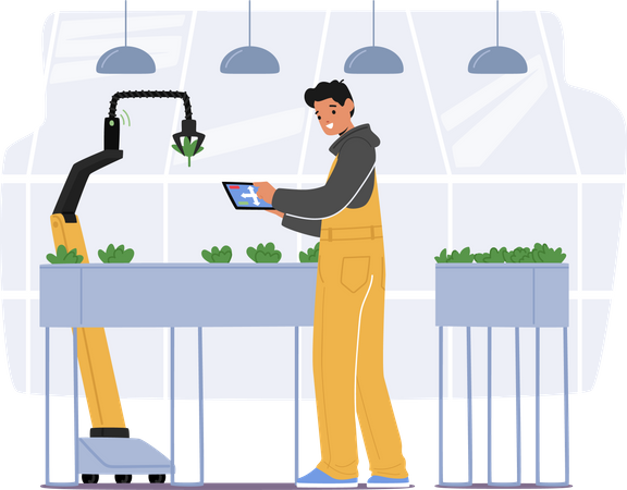 Farmer Planting Seedlings Using Automated Robotics Technologies  Illustration