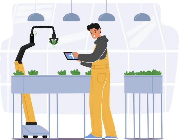 Farmer Planting Seedlings Using Automated Robotics Technologies  Illustration