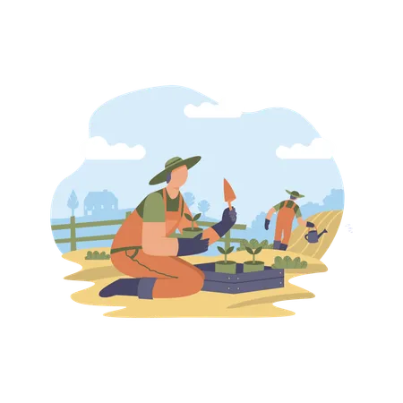 Farmer planting sprouts into the ground Illustration