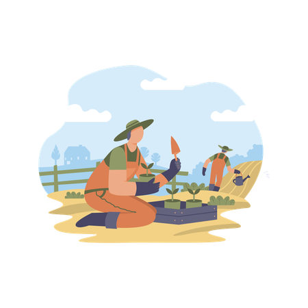 Farmer planting sprouts into the ground  Illustration