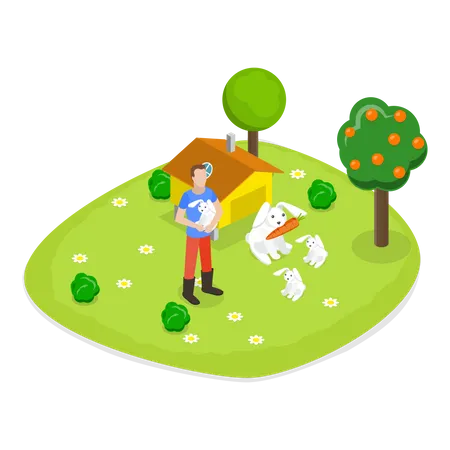 Farmer playing with their pet rabbits in his farm  イラスト