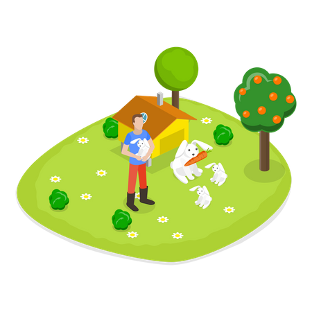 Farmer playing with their pet rabbits in his farm  イラスト